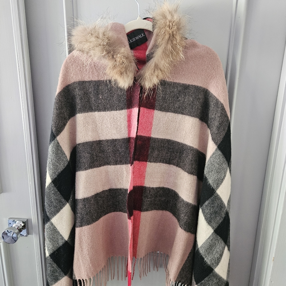 Cute fur trimmed hooded wrap. Black tan red plaid designer print